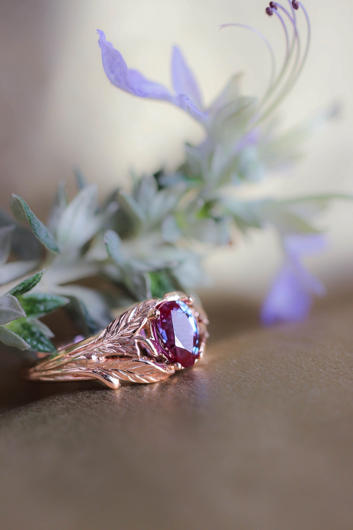 Pear alexandrite ring, gold leaves engagement ring / Wisteria - Eden Garden Jewelry™