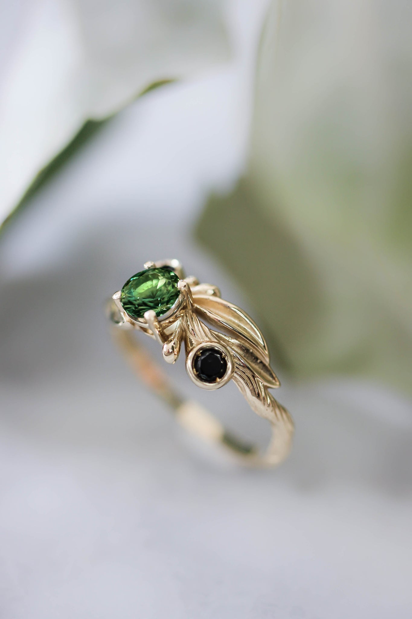 Olive branch ring with green tourmaline and black diamonds / Olivia - Eden Garden Jewelry™