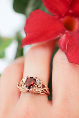 Red garnet engagement ring, leaves ring / Viola - Eden Garden Jewelry™