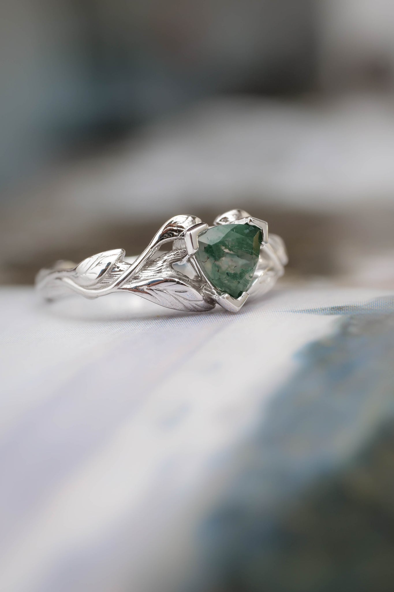 Trillion cut moss agate ring / Clematis - Eden Garden Jewelry™