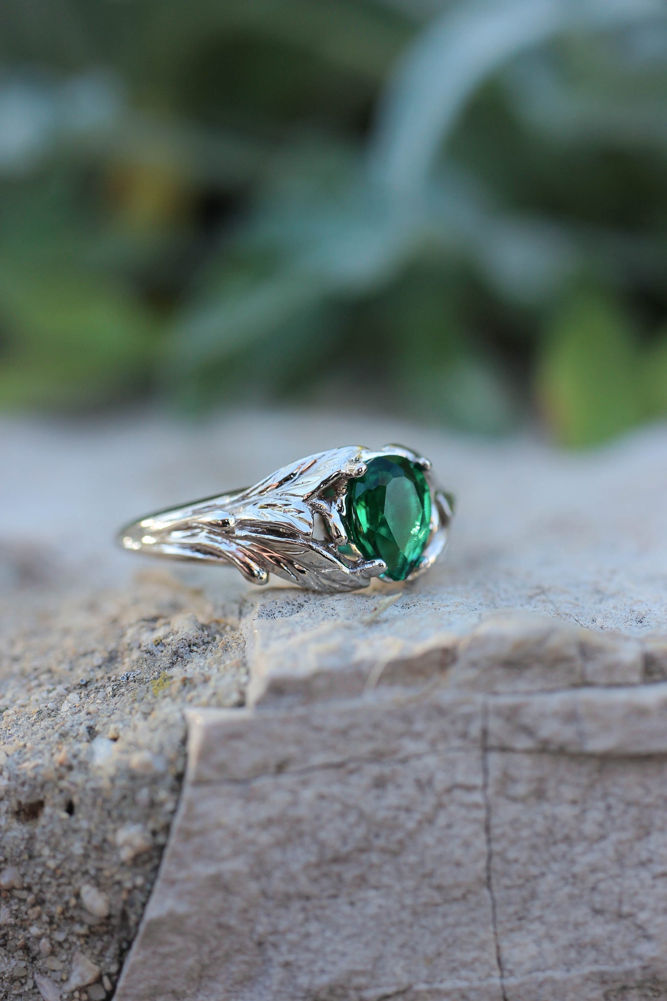 Pear cut emerald ring, leaves engagement ring / Wisteria - Eden Garden Jewelry™