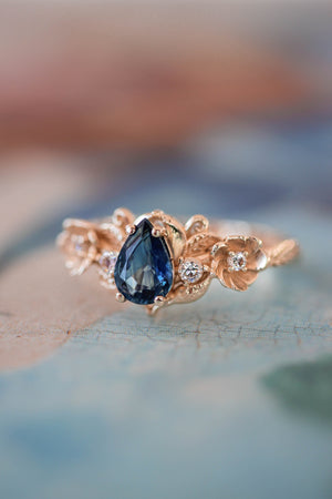 Blue sapphire and diamonds ring, flower engagement ring / Adelina - Eden Garden Jewelry™