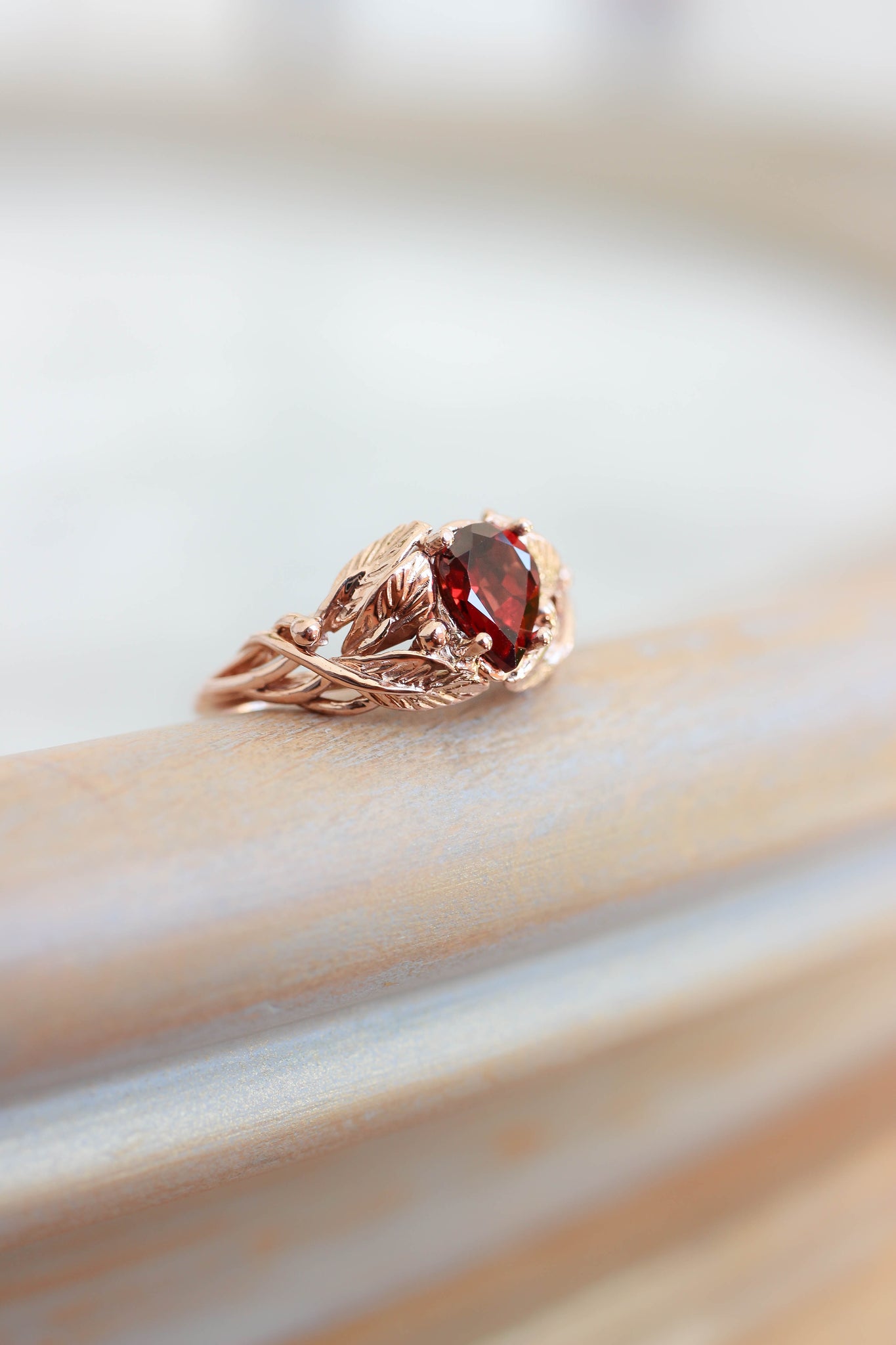 Red garnet engagement ring, leaves ring / Viola - Eden Garden Jewelry™