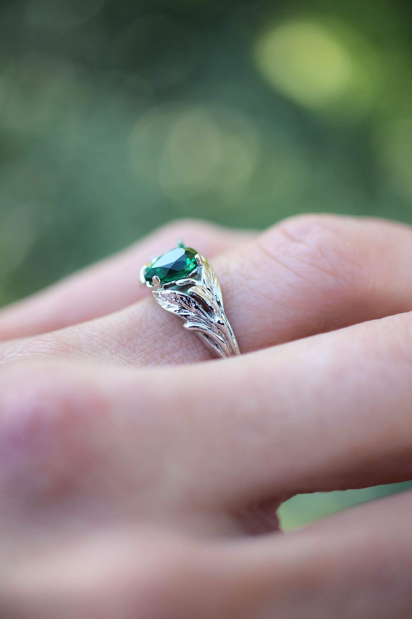 Pear cut emerald ring, leaves engagement ring / Wisteria - Eden Garden Jewelry™