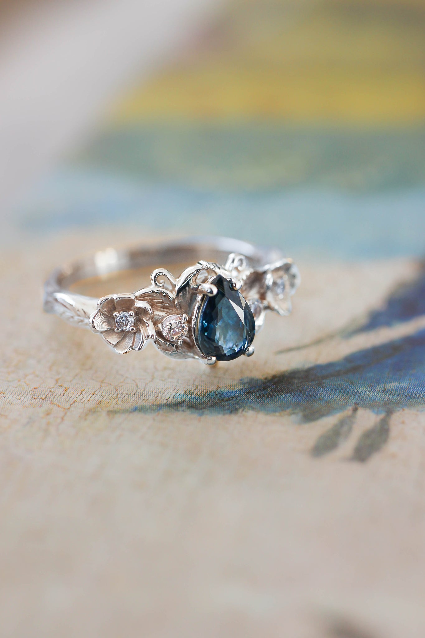 Blue sapphire and diamonds ring, flower engagement ring / Adelina - Eden Garden Jewelry™