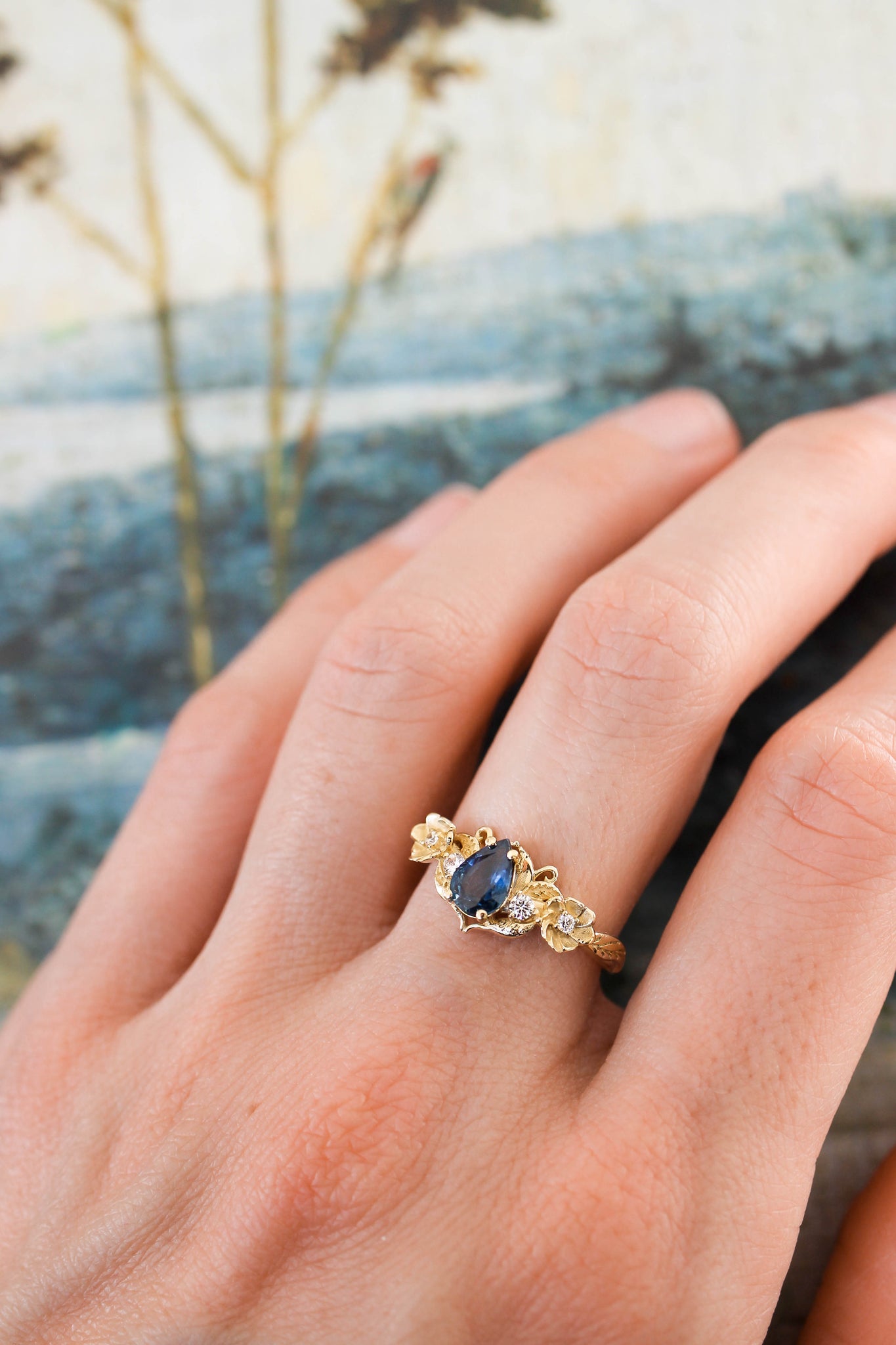 Blue sapphire and diamonds ring, flower engagement ring / Adelina - Eden Garden Jewelry™