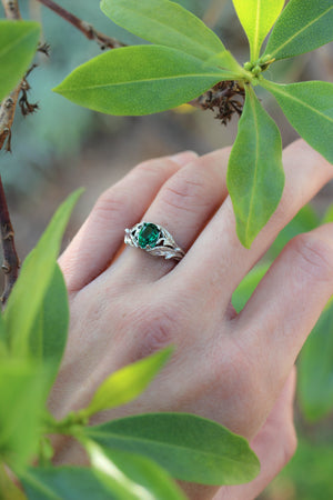 Pear cut emerald ring, leaves engagement ring / Wisteria - Eden Garden Jewelry™