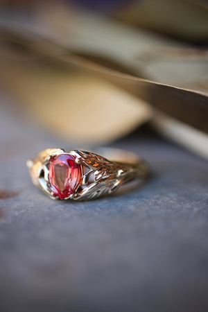 Padparadscha lab sapphire ring, leaves engagement ring / Wisteria - Eden Garden Jewelry™