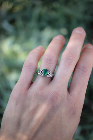 Pear cut emerald ring, leaves engagement ring / Wisteria - Eden Garden Jewelry™