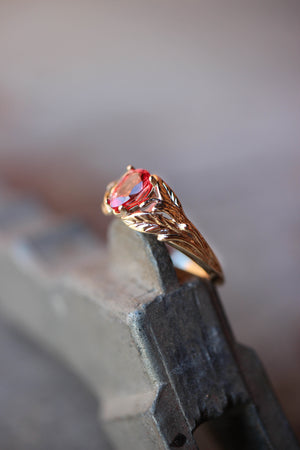 Padparadscha lab sapphire ring, leaves engagement ring / Wisteria - Eden Garden Jewelry™