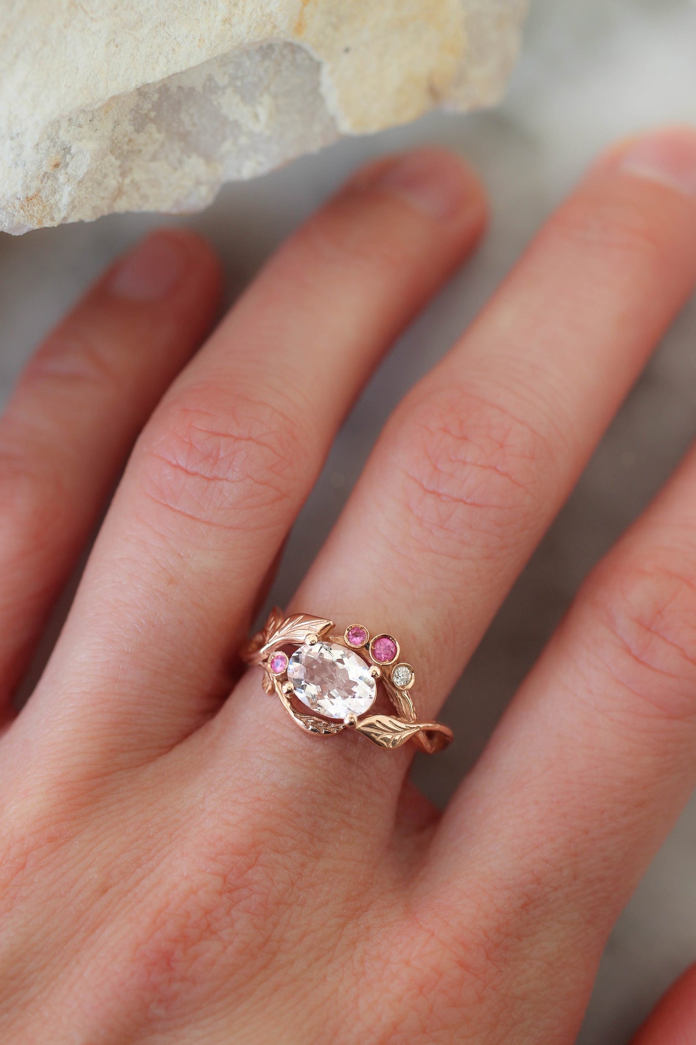 Branch engagement ring with morganite, pink sapphires and diamond - Eden Garden Jewelry™