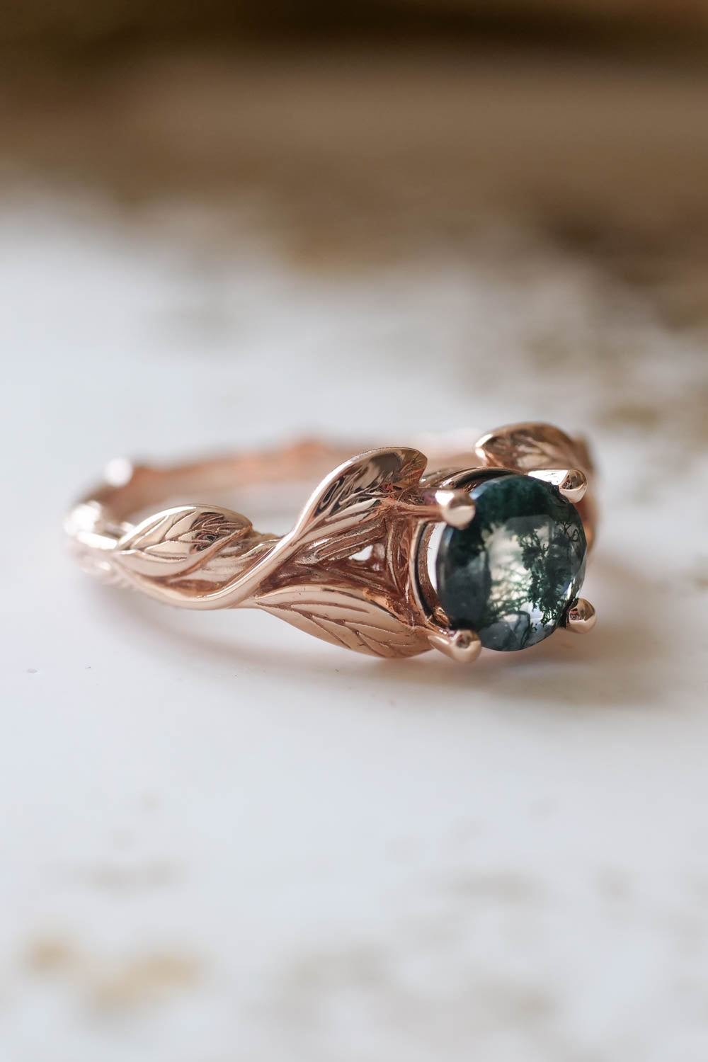 Moss agate gold leaf engagement ring / Clematis - Eden Garden Jewelry™