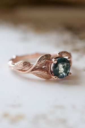 Moss agate gold leaf engagement ring / Clematis - Eden Garden Jewelry™