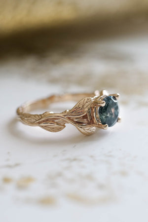 Moss agate gold leaf engagement ring / Clematis - Eden Garden Jewelry™