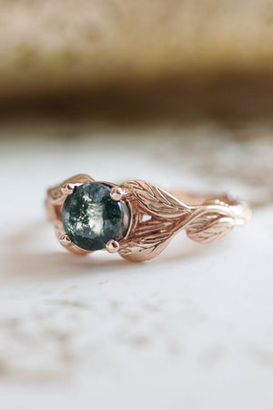 Moss agate gold leaf engagement ring / Clematis - Eden Garden Jewelry™