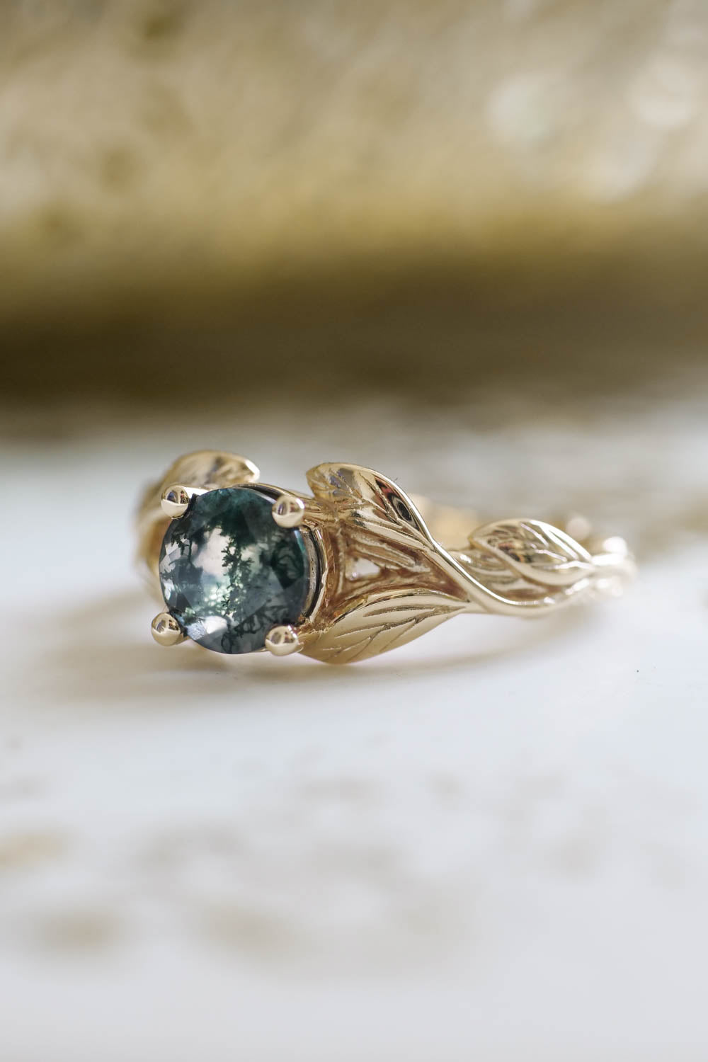 Moss agate gold leaf engagement ring / Clematis - Eden Garden Jewelry™