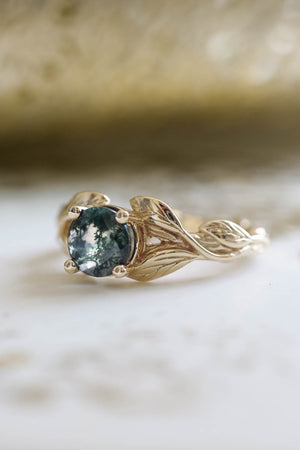 Moss agate gold leaf engagement ring / Clematis - Eden Garden Jewelry™