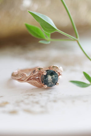 Moss agate gold leaf engagement ring / Clematis - Eden Garden Jewelry™