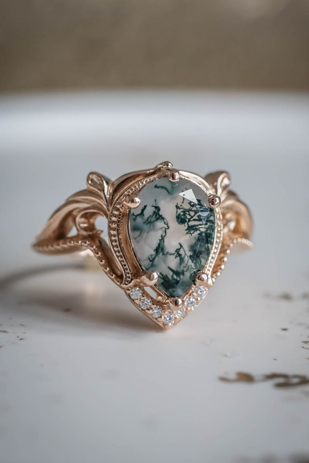 Moss agate rose gold ring, unique statement ring / Lida - Eden Garden Jewelry™