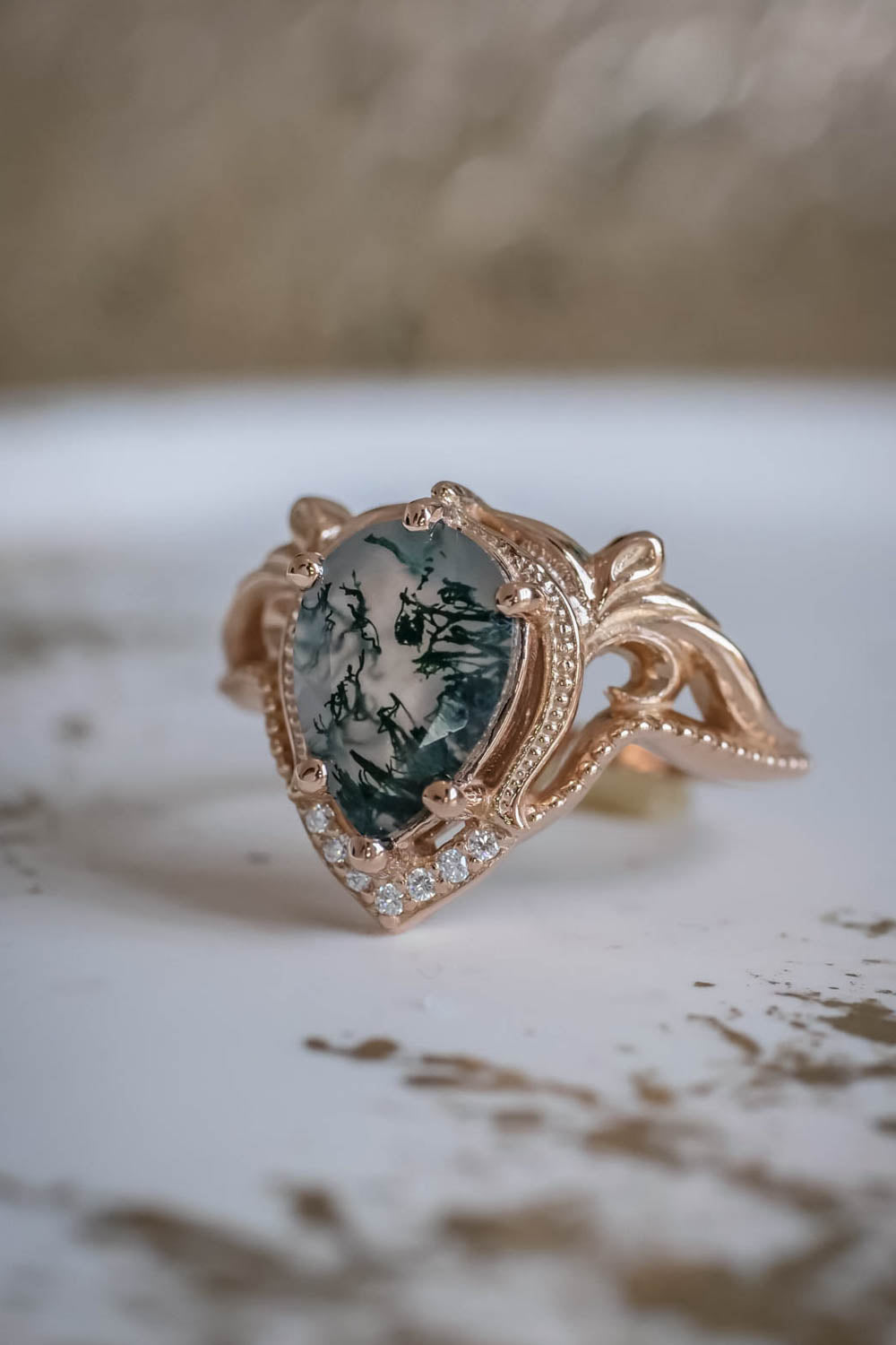 Moss agate rose gold ring, unique statement ring / Lida - Eden Garden Jewelry™