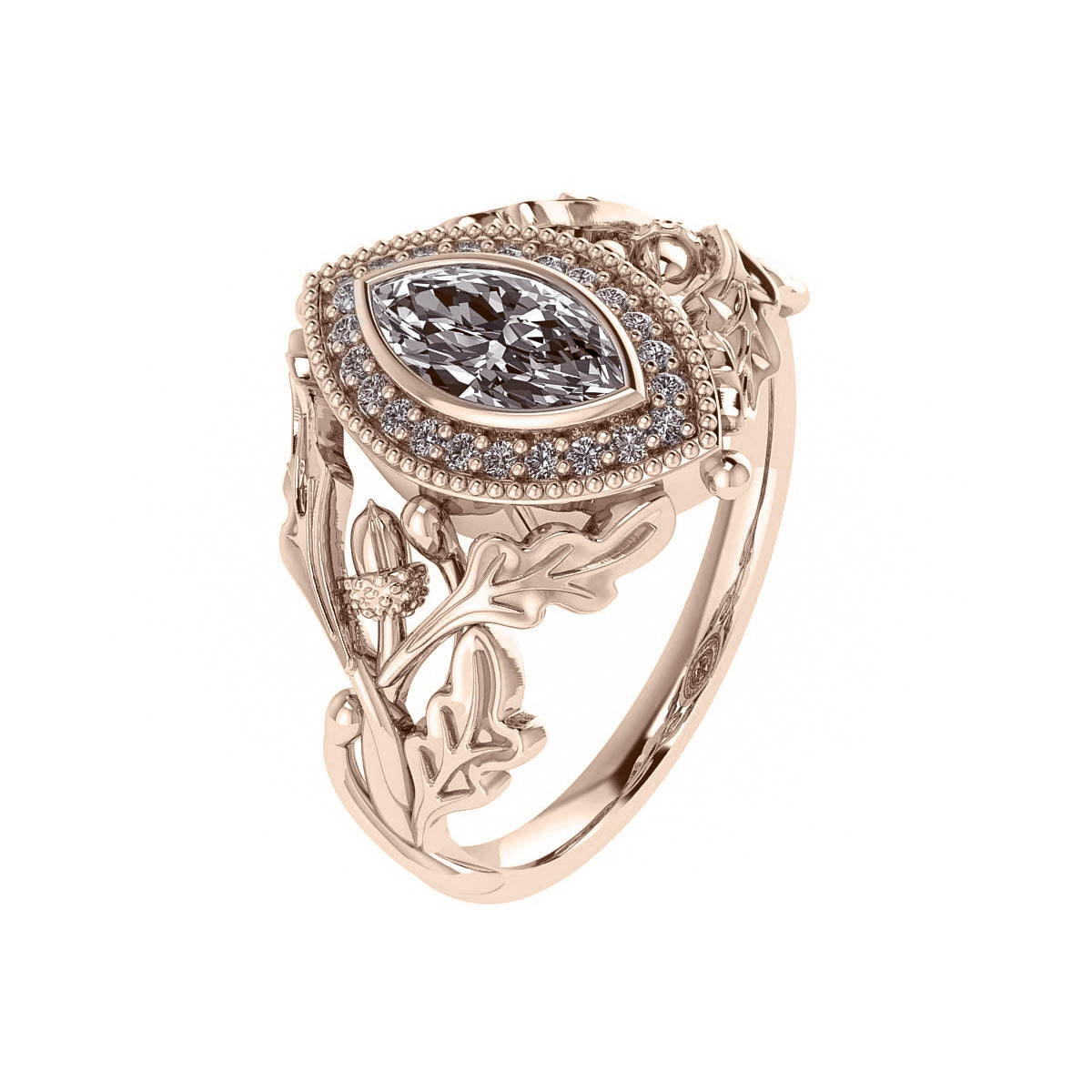 Dair | oak leaves engagement ring setting with halo, marquise cut 8x4 mm - Eden Garden Jewelry™