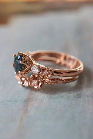 Bridal set with 1 ct teal sapphire and diamonds - Eden Garden Jewelry™