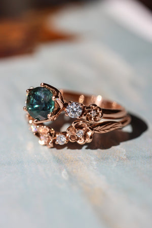 Bridal set with 1 ct teal sapphire and diamonds - Eden Garden Jewelry™