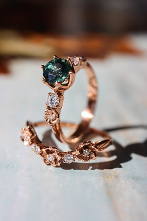 Bridal set with 1 ct teal sapphire and diamonds - Eden Garden Jewelry™