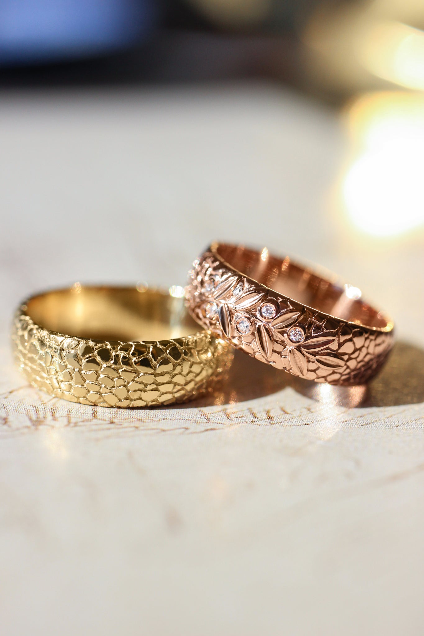 Textured wedding band with olive branch and diamonds - Eden Garden Jewelry™