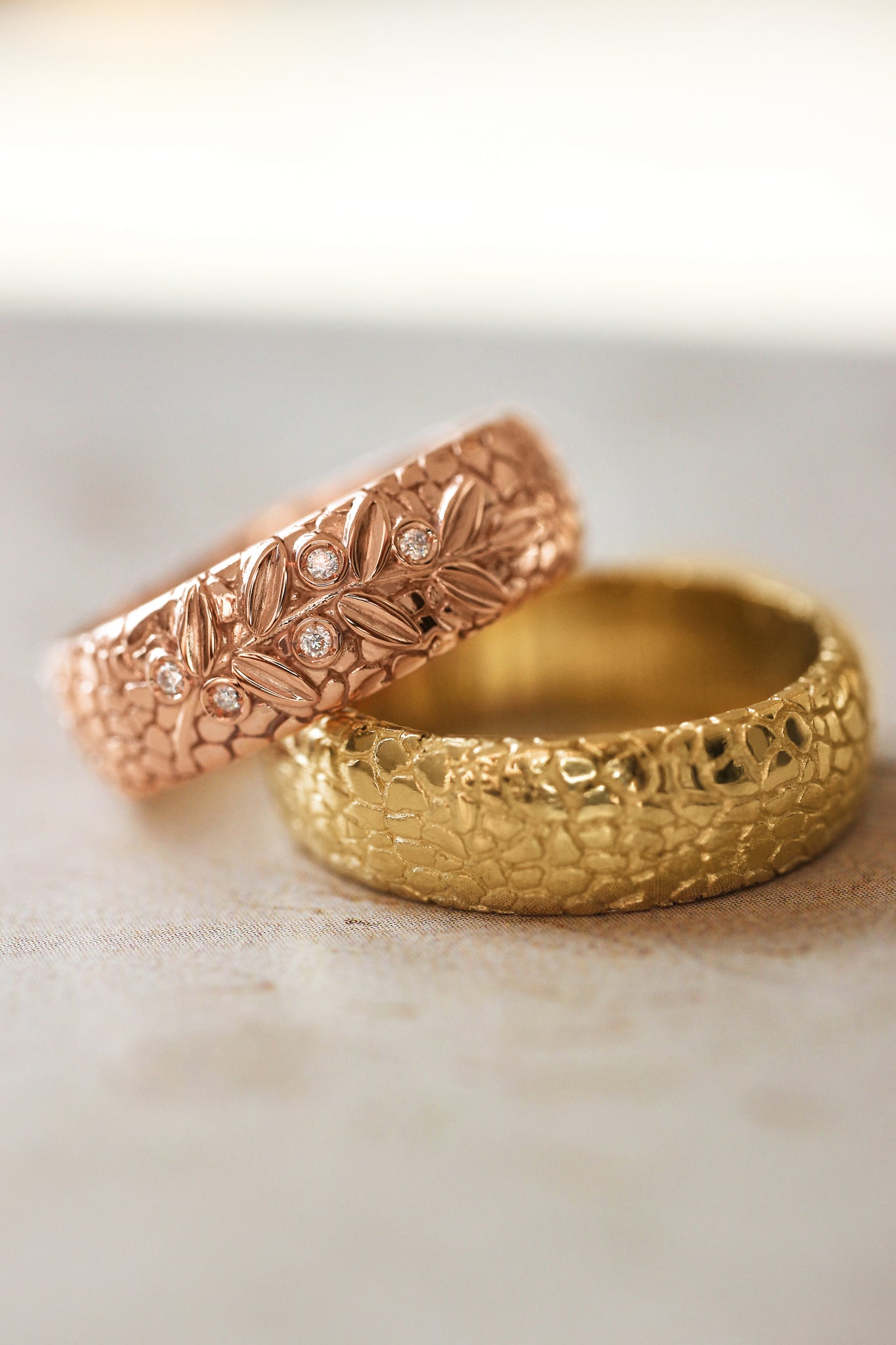 Wedding bands set for couple, textured rings with olive branch - Eden Garden Jewelry™