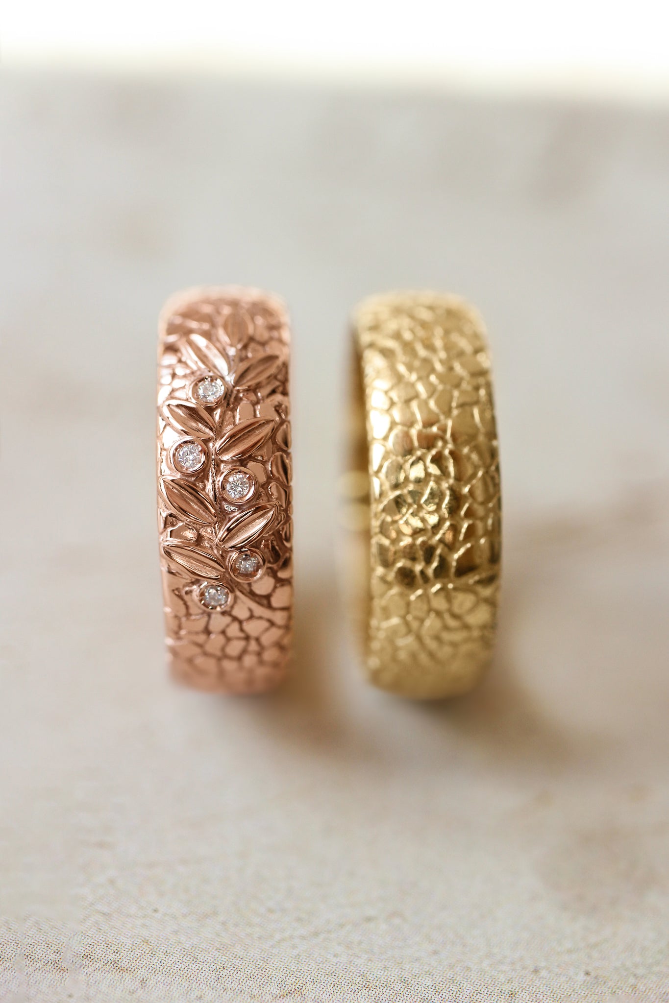 Wedding bands set for couple, textured rings with olive branch - Eden Garden Jewelry™