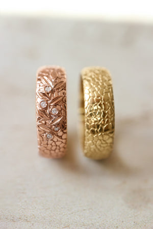 Wedding bands set for couple, textured rings with olive branch - Eden Garden Jewelry™