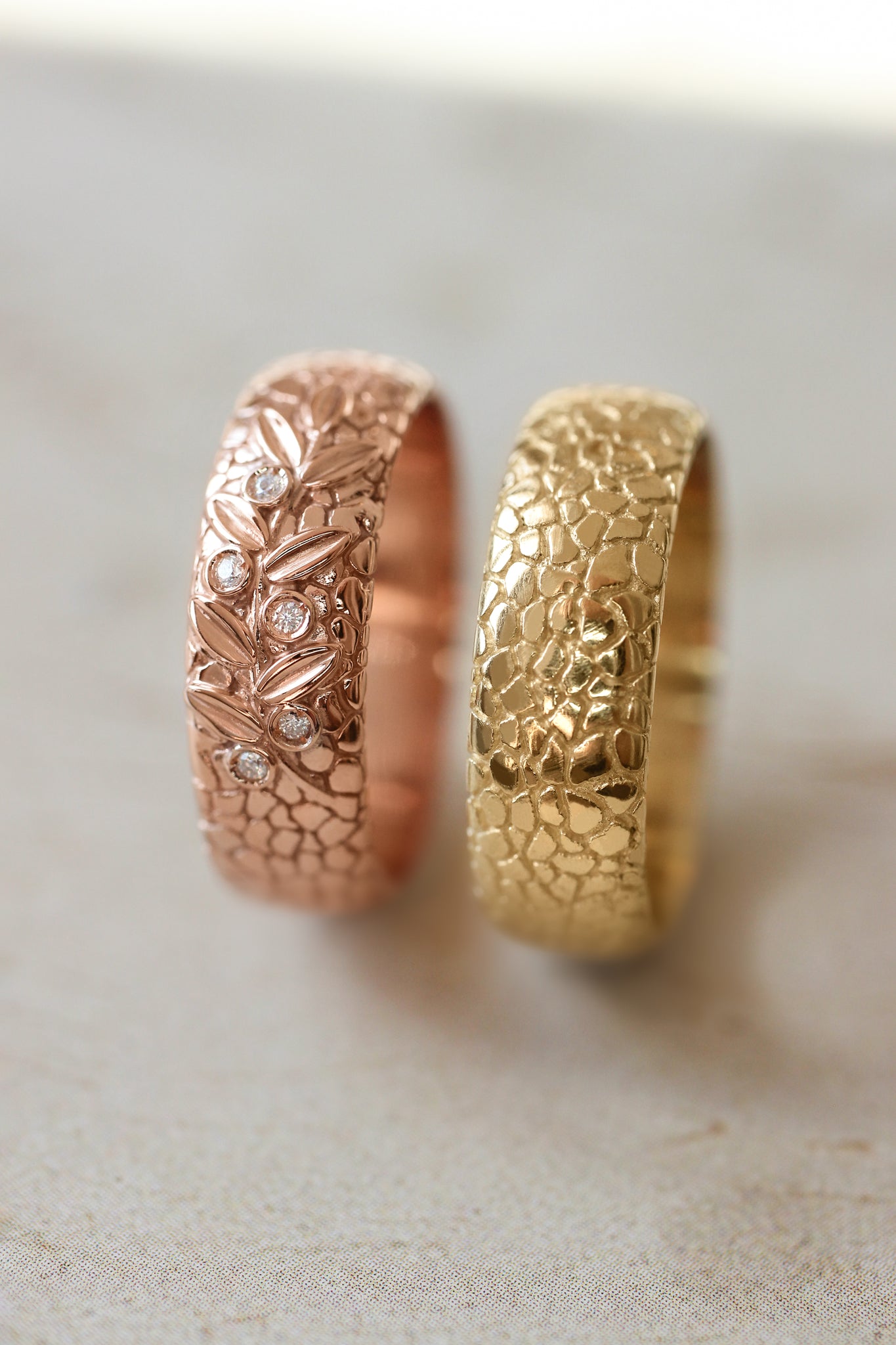 Wedding bands set for couple, textured rings with olive branch - Eden Garden Jewelry™