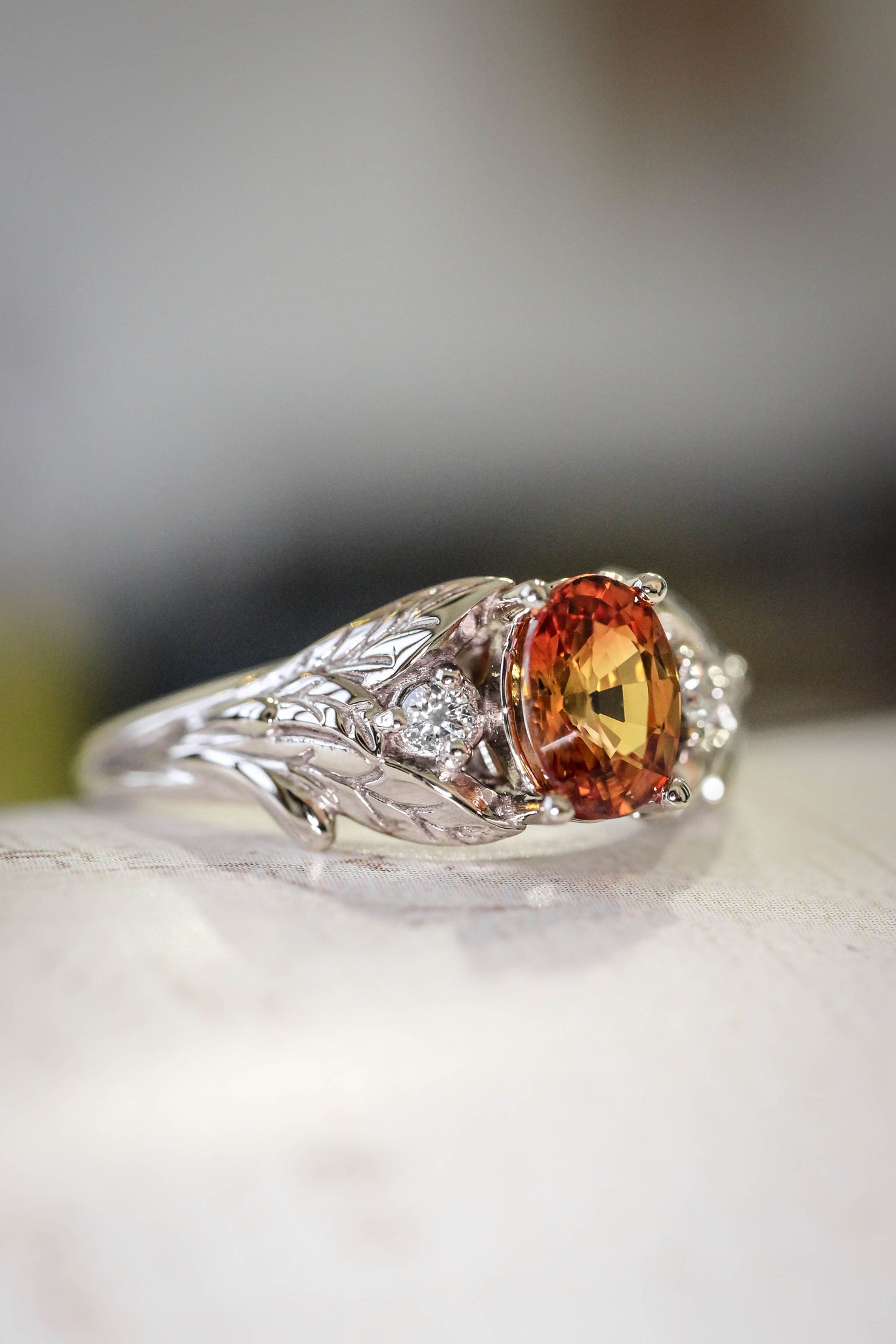 Orange sapphire engagement ring with diamonds, leaf engagement ring / Wisteria - Eden Garden Jewelry™