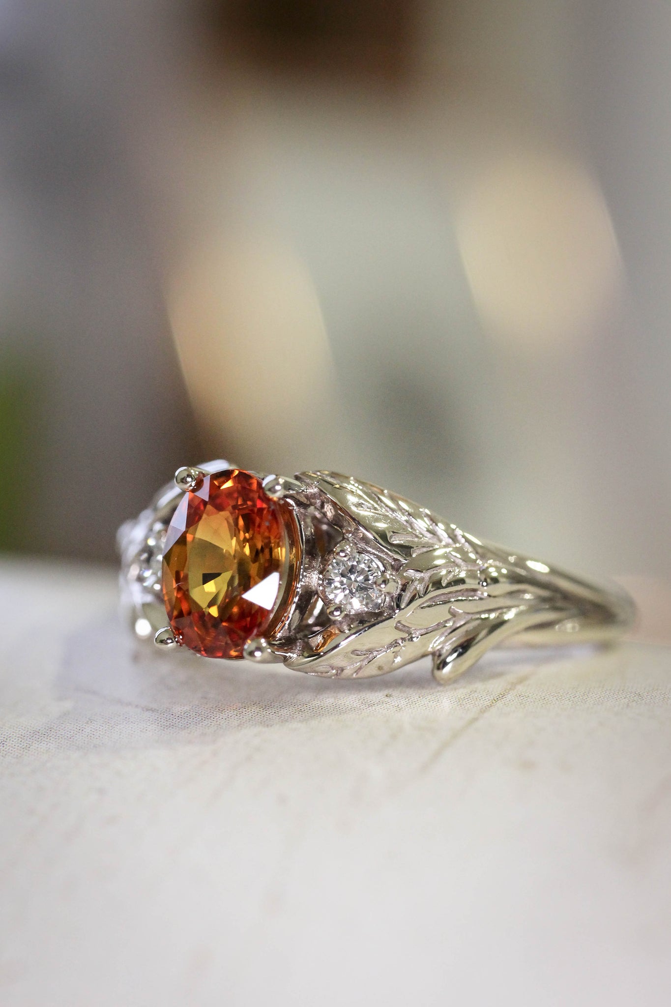 Orange sapphire engagement ring with diamonds, leaf engagement ring / Wisteria - Eden Garden Jewelry™