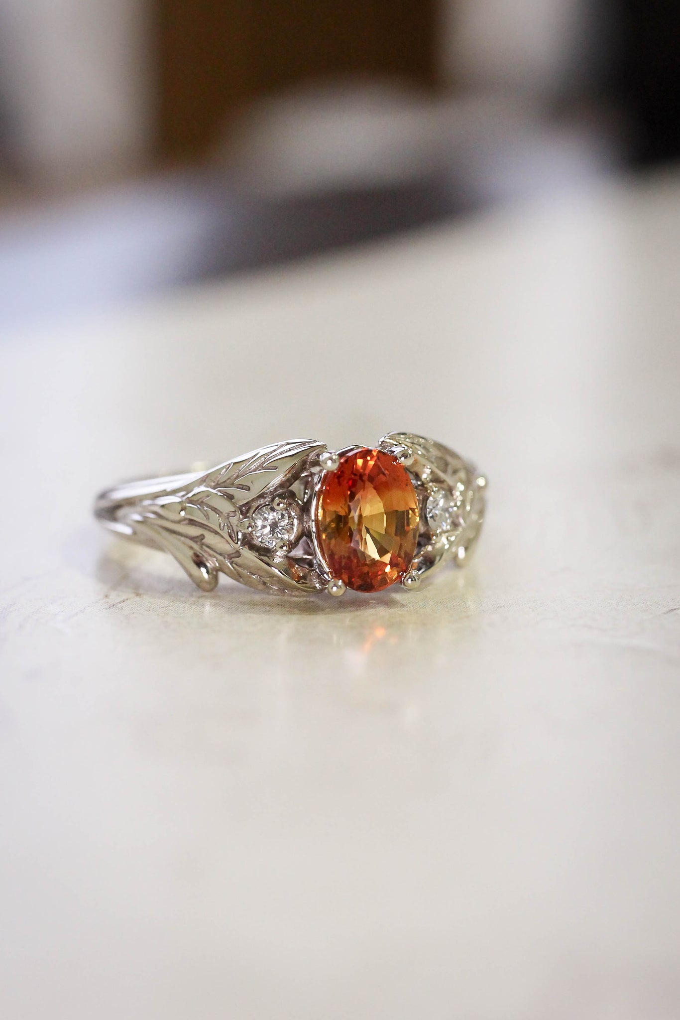 Orange sapphire engagement ring with diamonds, leaf engagement ring / Wisteria - Eden Garden Jewelry™