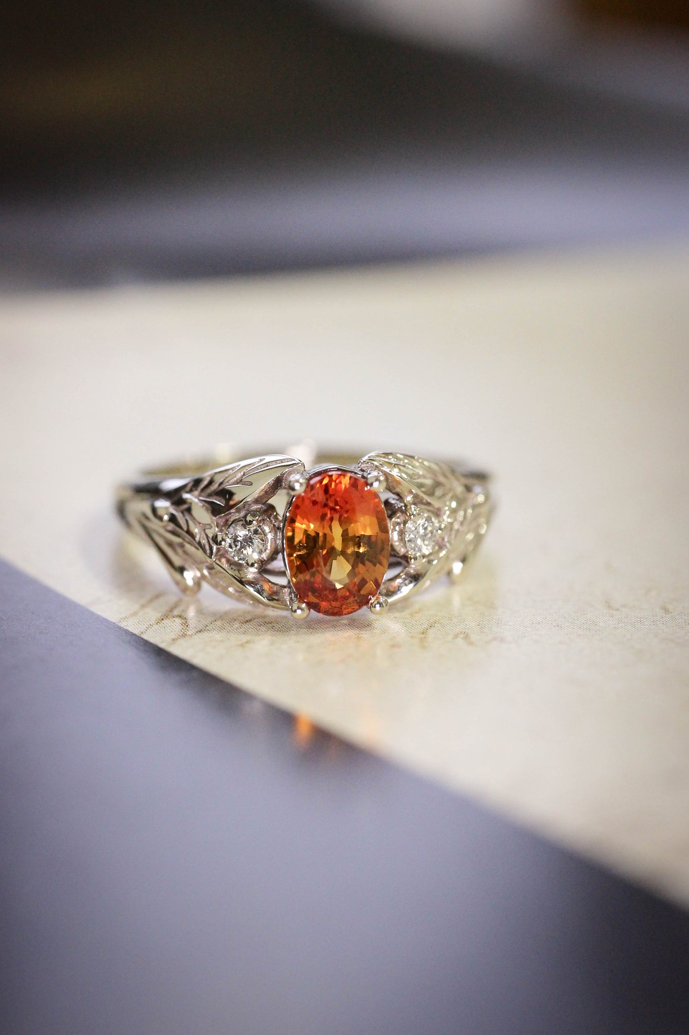 Orange sapphire engagement ring with diamonds, leaf engagement ring / Wisteria - Eden Garden Jewelry™