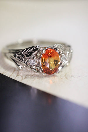 Orange sapphire engagement ring with diamonds, leaf engagement ring / Wisteria - Eden Garden Jewelry™