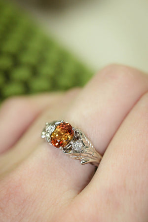 Orange sapphire engagement ring with diamonds, leaf engagement ring / Wisteria - Eden Garden Jewelry™