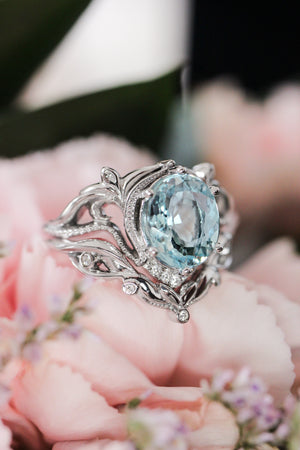 Art nouveau bridal ring set with aquamarine / Lida oval - Eden Garden Jewelry™