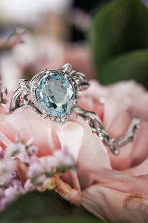 Art nouveau bridal ring set with aquamarine / Lida oval - Eden Garden Jewelry™