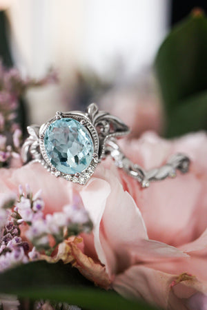 Art nouveau bridal ring set with aquamarine / Lida oval - Eden Garden Jewelry™