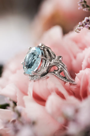 Art nouveau bridal ring set with aquamarine / Lida oval - Eden Garden Jewelry™