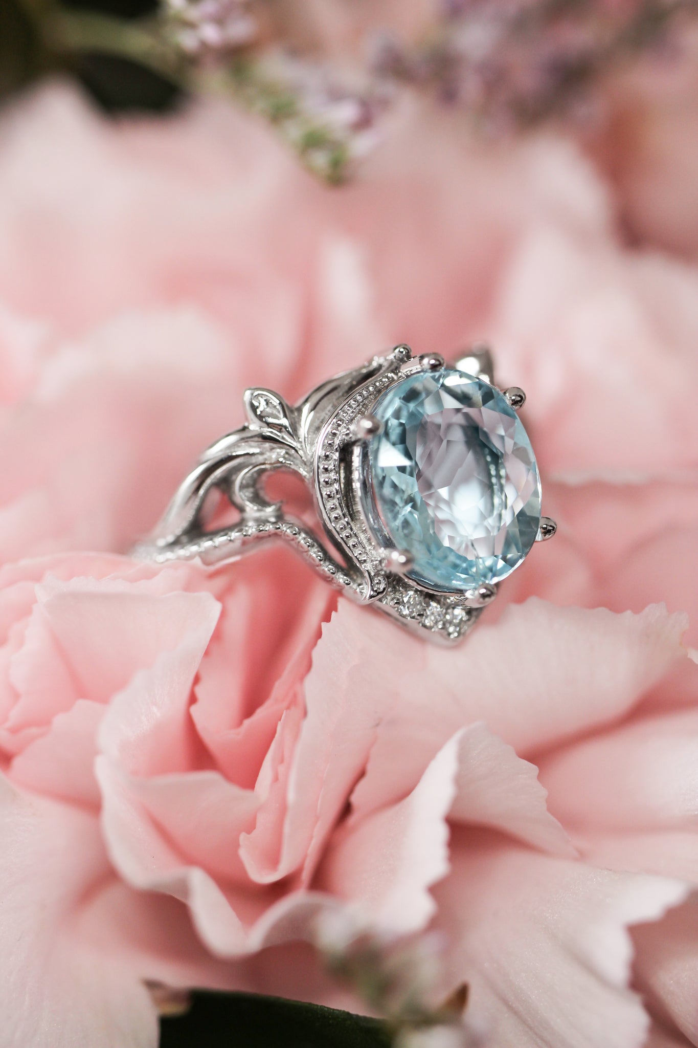 Art nouveau bridal ring set with aquamarine / Lida oval - Eden Garden Jewelry™