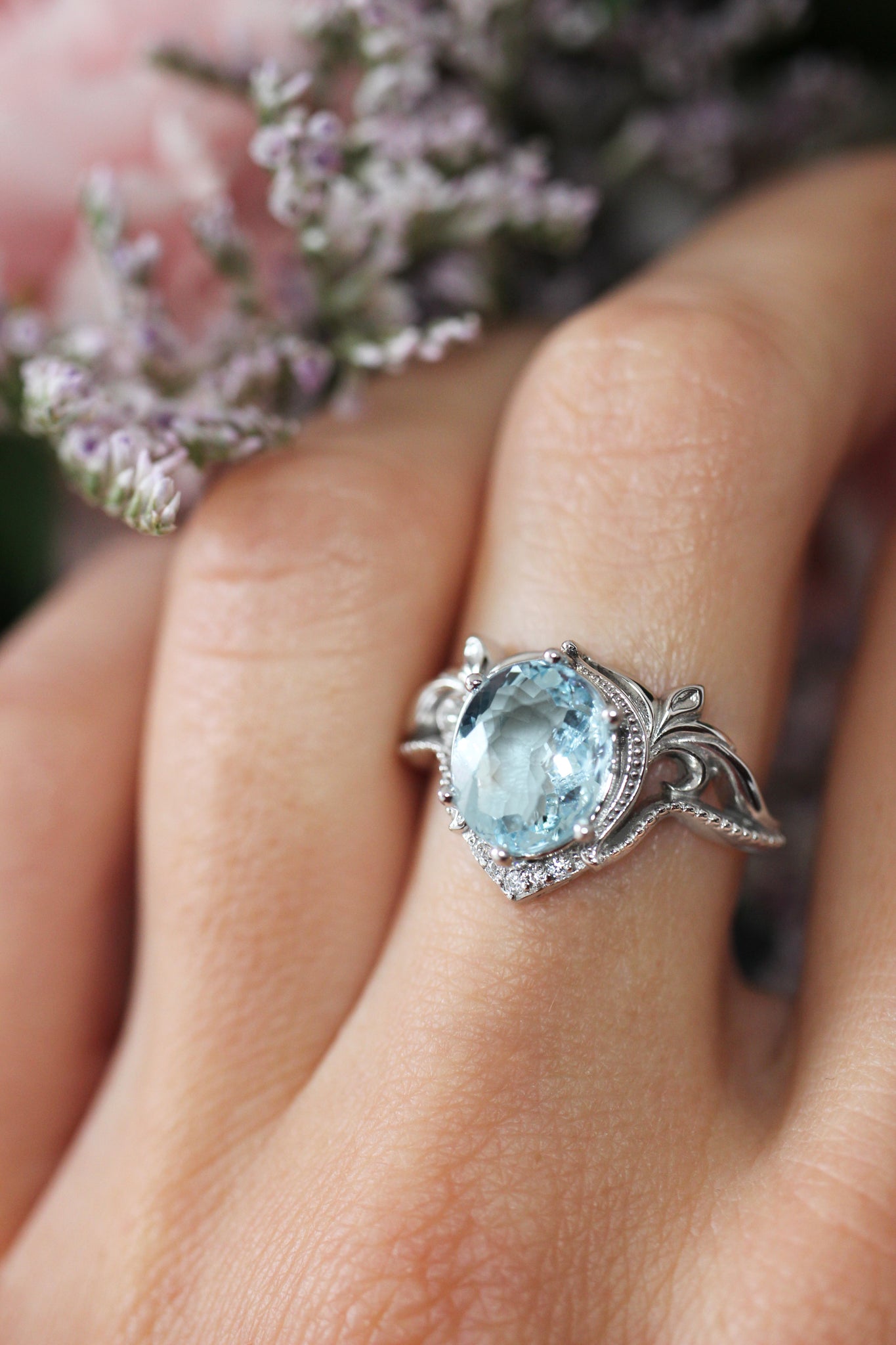 Art nouveau bridal ring set with aquamarine / Lida oval - Eden Garden Jewelry™