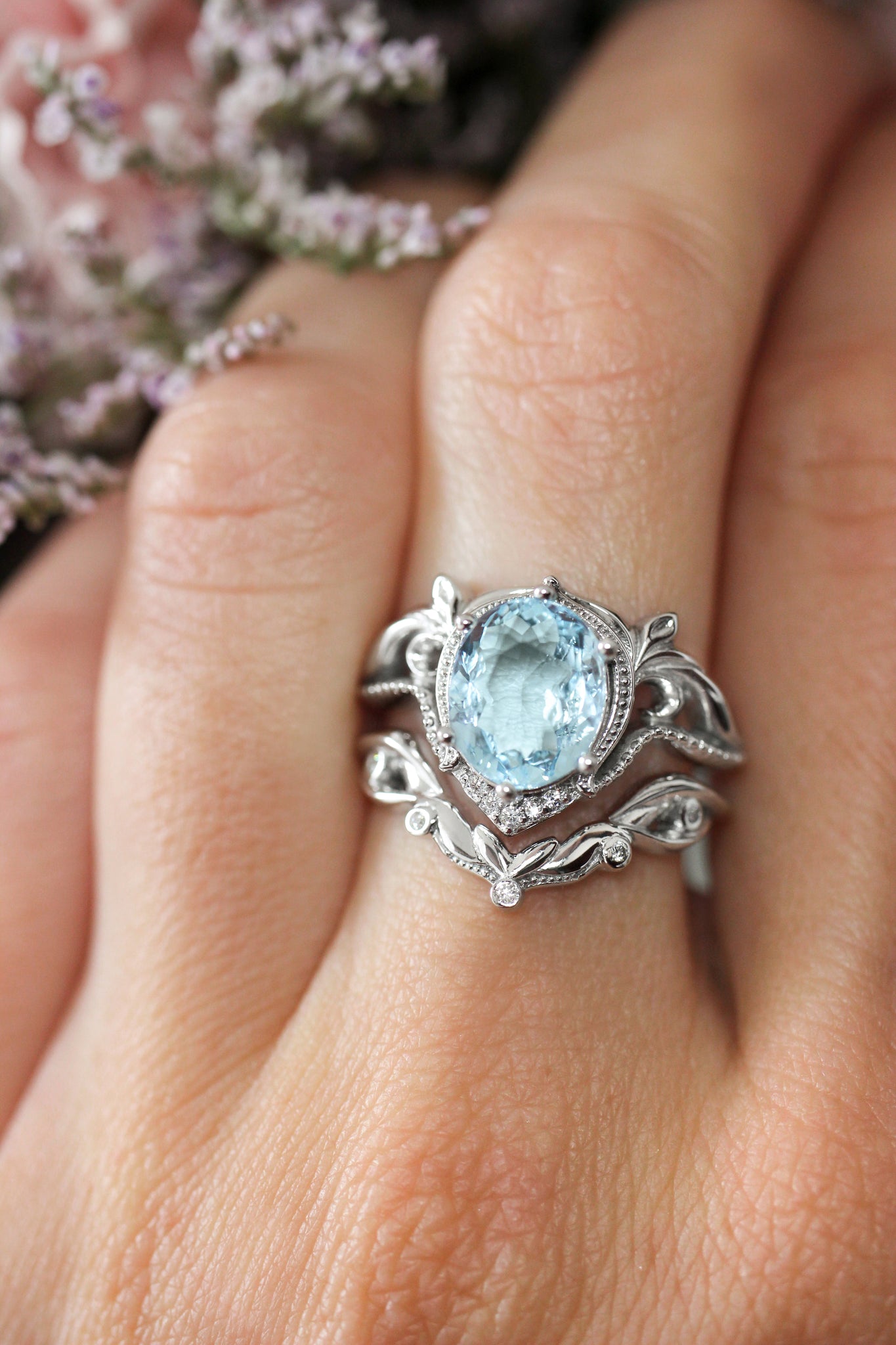 Art nouveau bridal ring set with aquamarine / Lida oval - Eden Garden Jewelry™