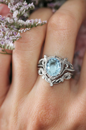 Art nouveau bridal ring set with aquamarine / Lida oval - Eden Garden Jewelry™