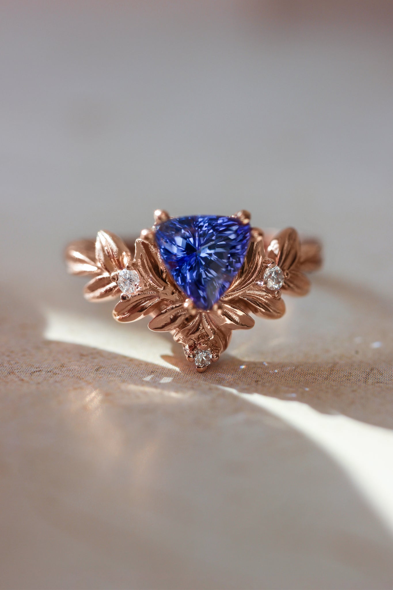 Trillion cut tanzanite engagement ring, leaf ring - Eden Garden Jewelry™