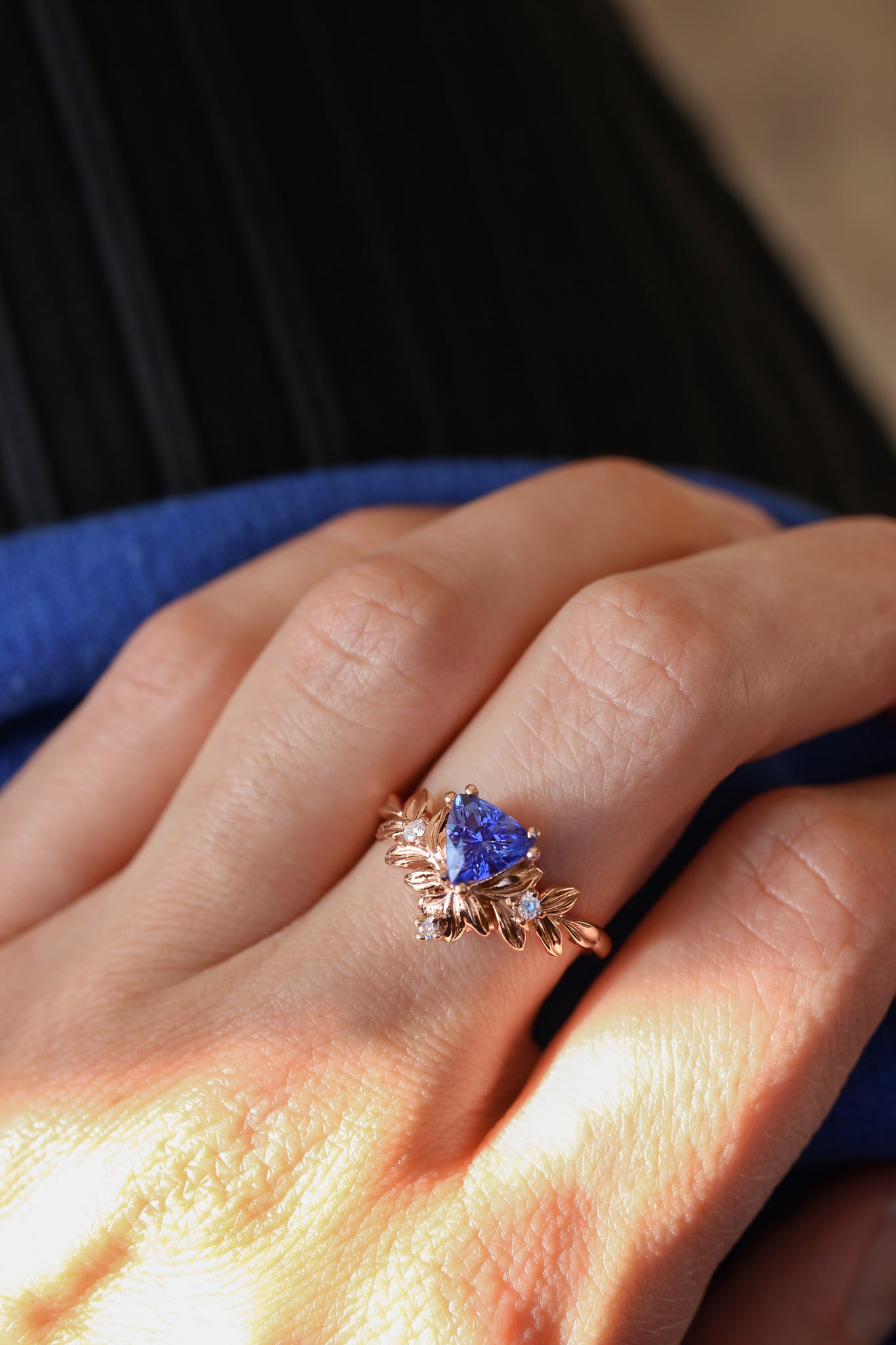 Trillion cut tanzanite engagement ring, leaf ring - Eden Garden Jewelry™