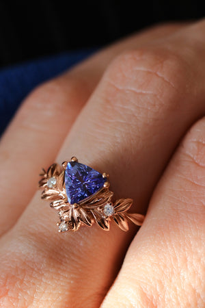 Trillion cut tanzanite engagement ring, leaf ring - Eden Garden Jewelry™